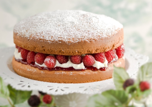Victoria sandwich cake with a filling of raspberries 